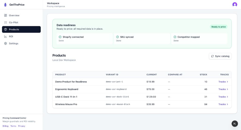 GetThePrice dashboard product workspace preview